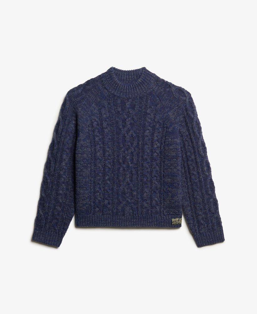 kabeltrui met opstaande kraag in island navy twist
