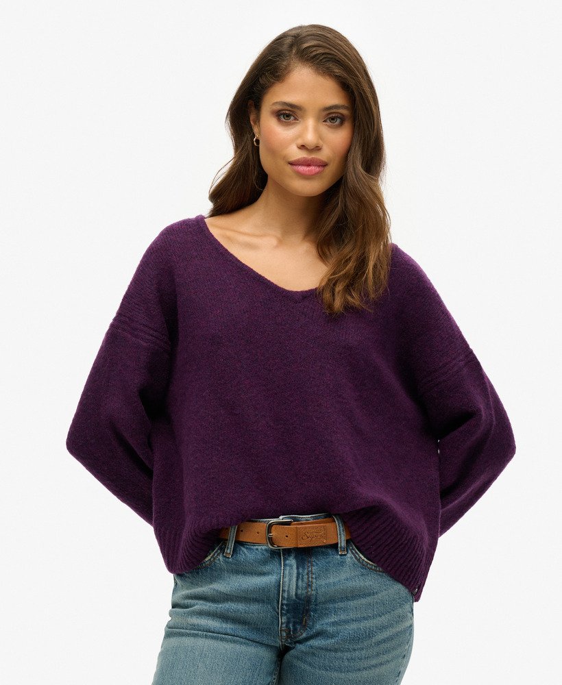 oversized v-hals trui in diep pruimpaarse twist