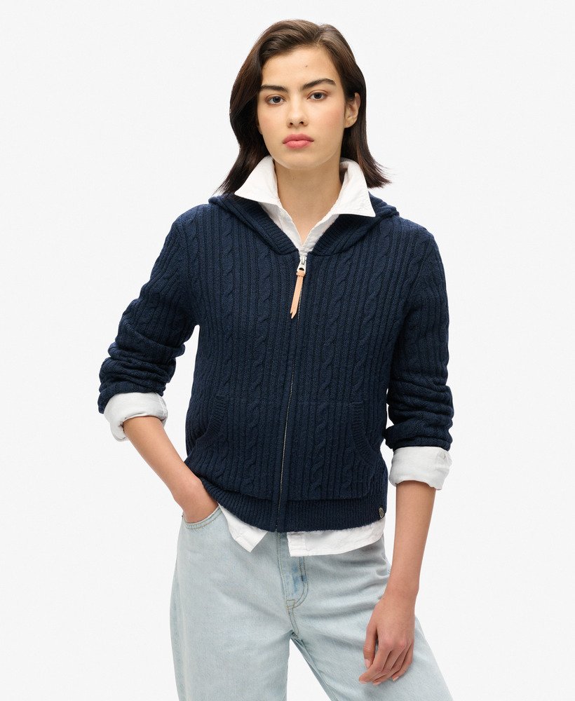 kabelgebreide hoodie met rits in nautisch marineblauw