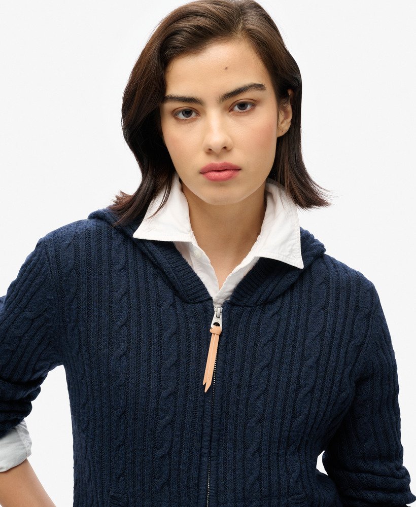 kabelgebreide hoodie met rits in nautisch marineblauw