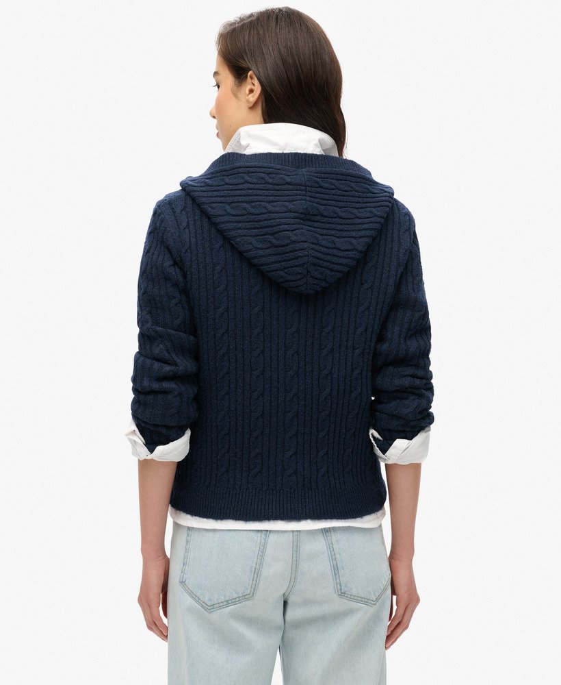 kabelgebreide hoodie met rits in nautisch marineblauw