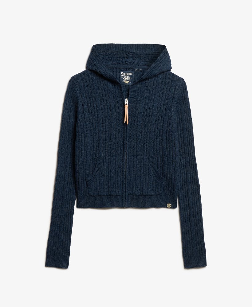 kabelgebreide hoodie met rits in nautisch marineblauw