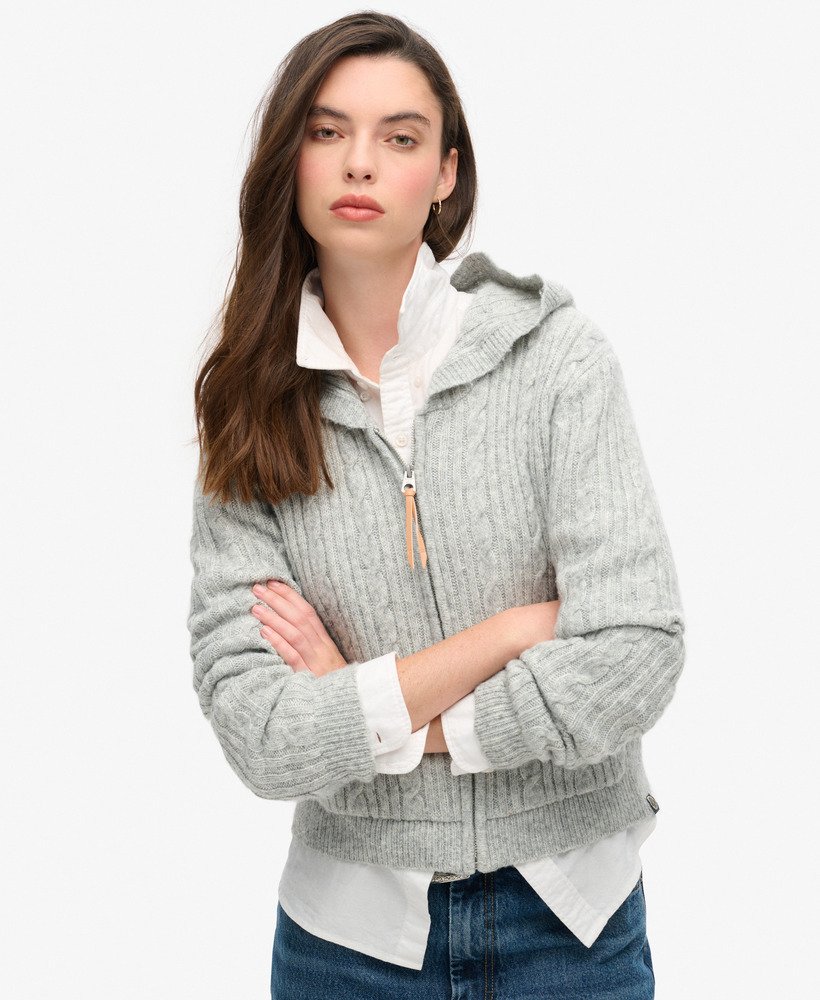 kabelgebreide hoodie met rits in lichtgrijs gemêleerd.
