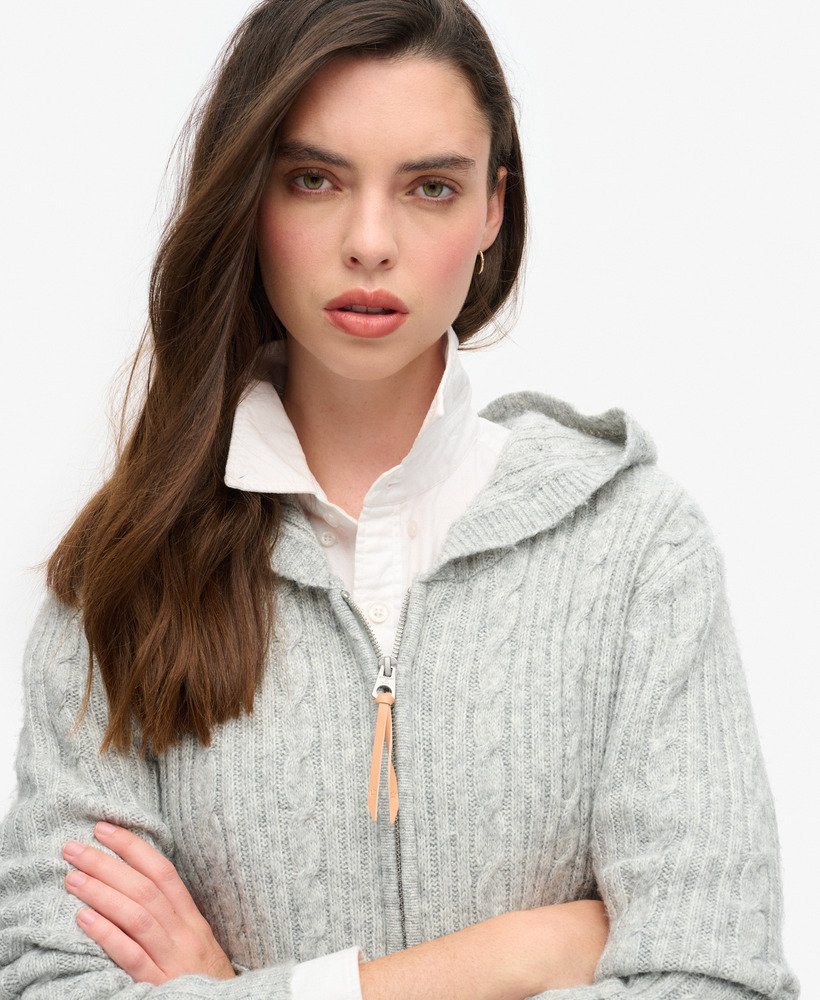 kabelgebreide hoodie met rits in lichtgrijs gemêleerd.