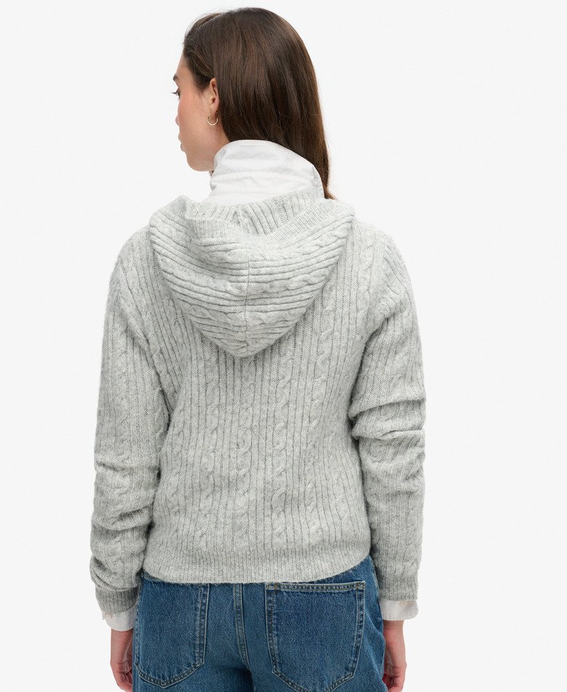 kabelgebreide hoodie met rits in lichtgrijs gemêleerd.