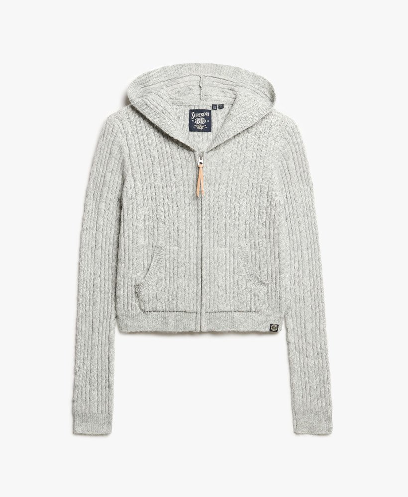 kabelgebreide hoodie met rits in lichtgrijs gemêleerd.