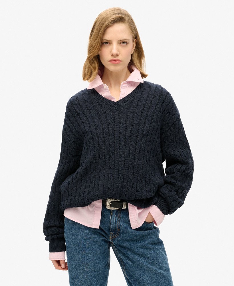 oversized v-hals kabeltrui in eclipse navy
