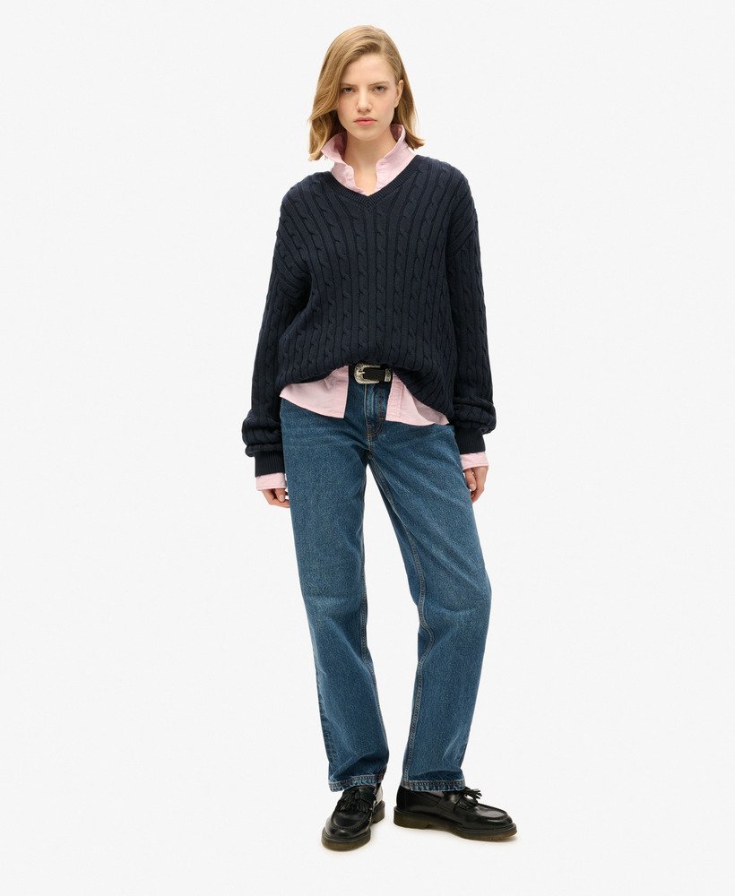 oversized v-hals kabeltrui in eclipse navy