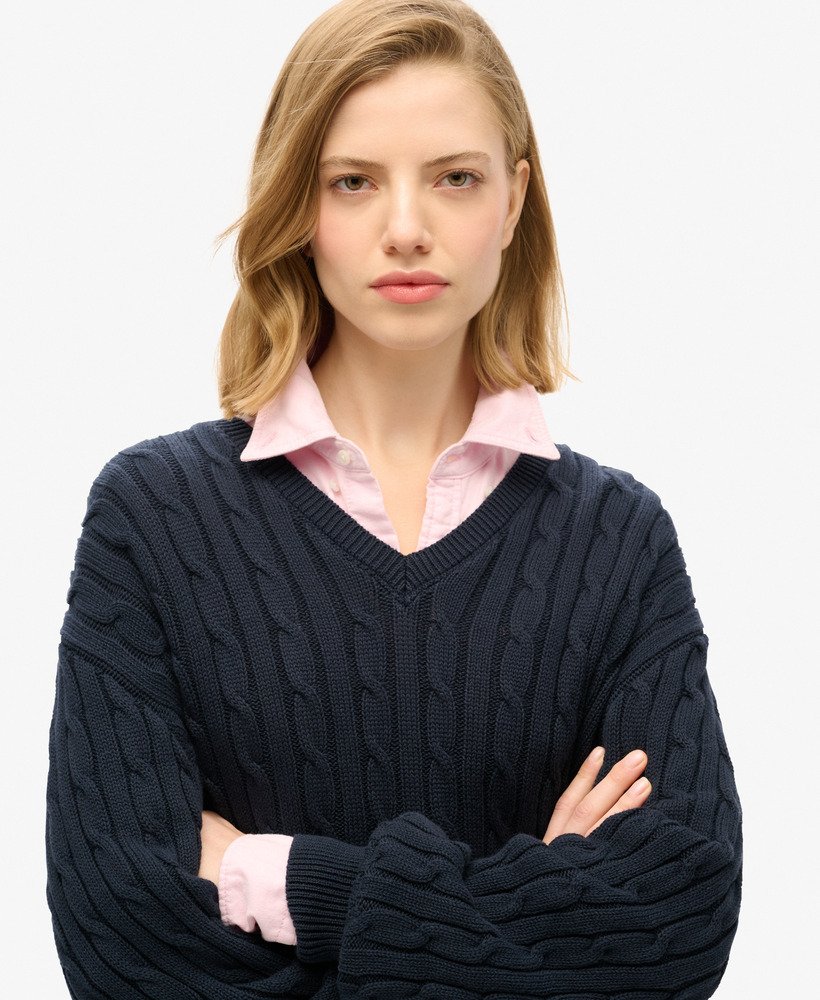 oversized v-hals kabeltrui in eclipse navy