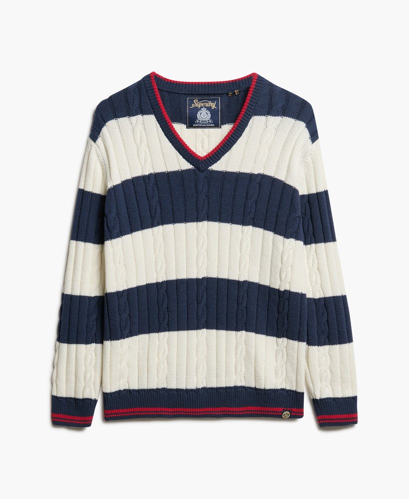 oversized kabeltrui met v-hals en strepen in een diepblauwe kleur.