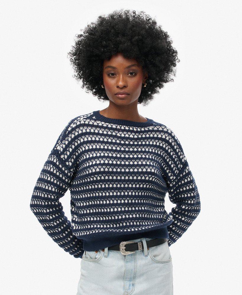 gehaakte cropped trui met ronde hals in donkerblauwe strepen