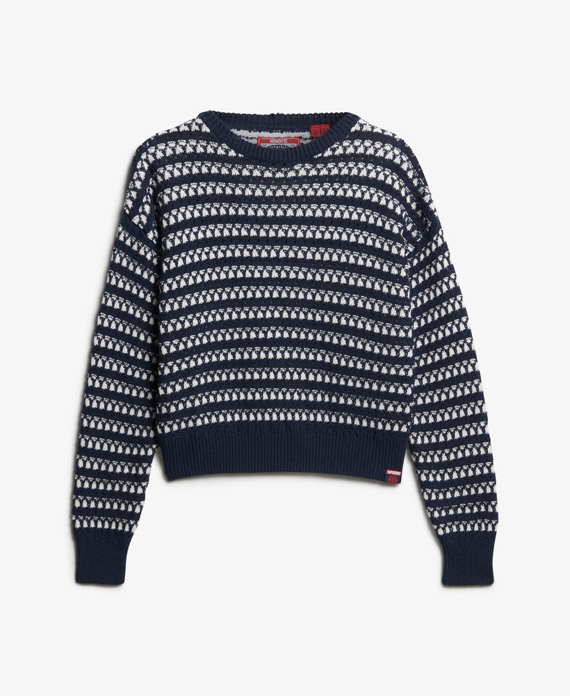 gehaakte cropped trui met ronde hals in donkerblauwe strepen