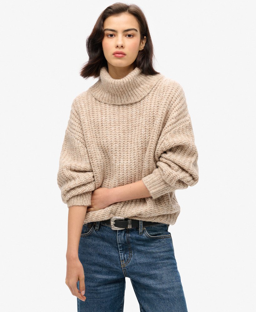 trui met slouchneck van geborsteld ribmateriaal in licht zandkleur