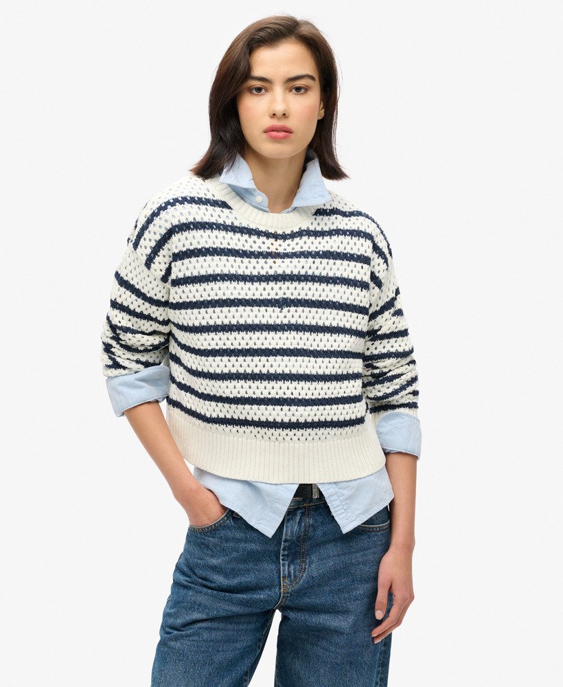 gehaakte cropped trui met strepen in naturel witte streep