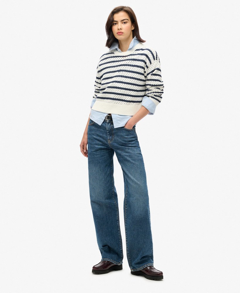 gehaakte cropped trui met strepen in naturel witte streep