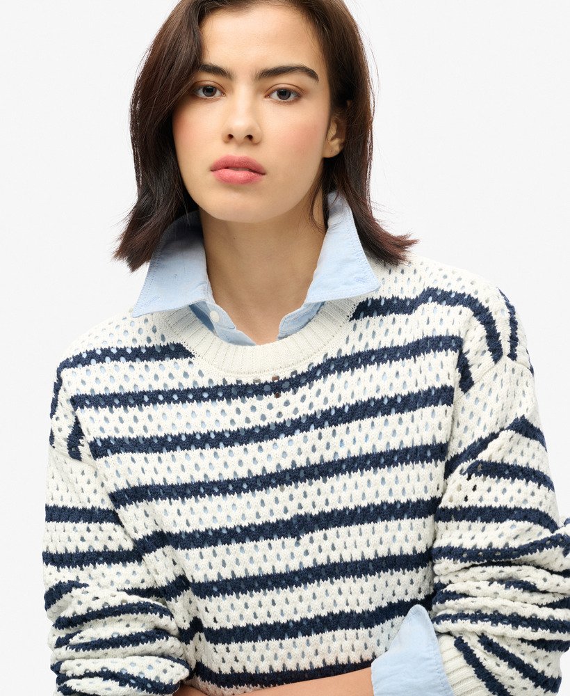 gehaakte cropped trui met strepen in naturel witte streep