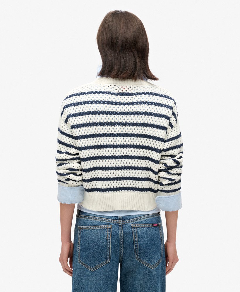 gehaakte cropped trui met strepen in naturel witte streep