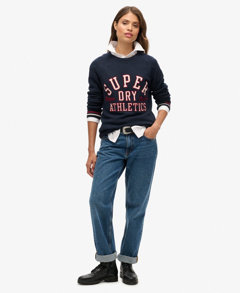 slouchy gebreide trui met print in diepblauw