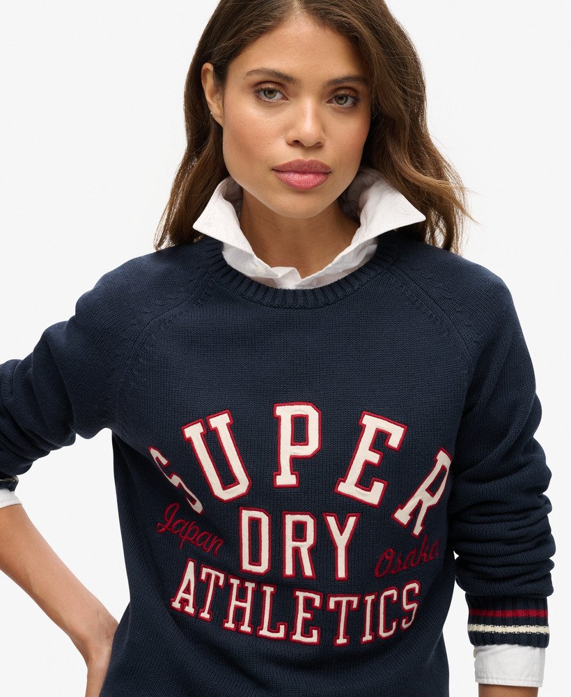 slouchy gebreide trui met print in diepblauw