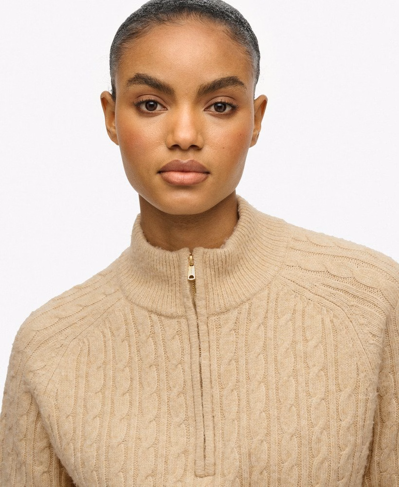 Geborstelde kabelgebreide Henley-trui