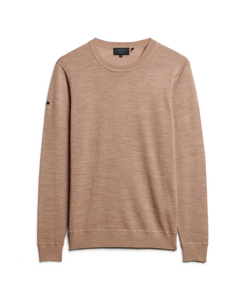 merino trui met ronde hals in camelkleurige gemêleerde stof.