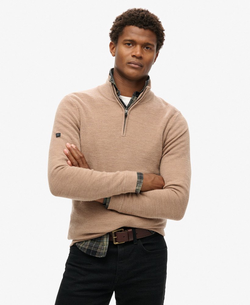 merino trui met halve rits in camelkleurige gemêleerde stof.