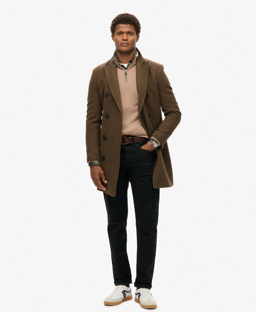 merino trui met halve rits in camelkleurige gemêleerde stof.