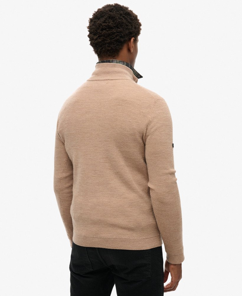merino trui met halve rits in camelkleurige gemêleerde stof.
