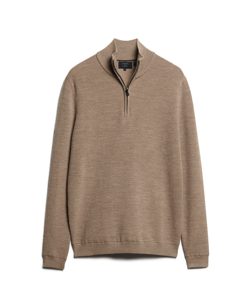 merino trui met halve rits in camelkleurige gemêleerde stof.