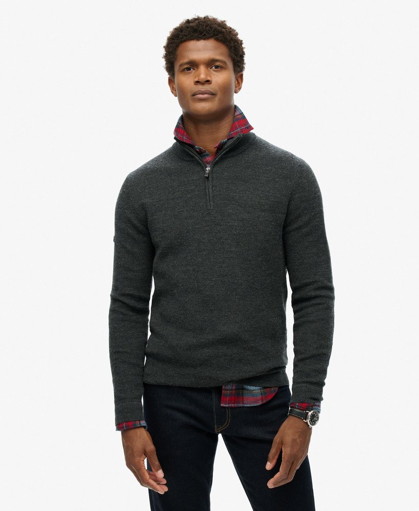 merino trui met halve rits in donker antracietgrijs gemêleerd