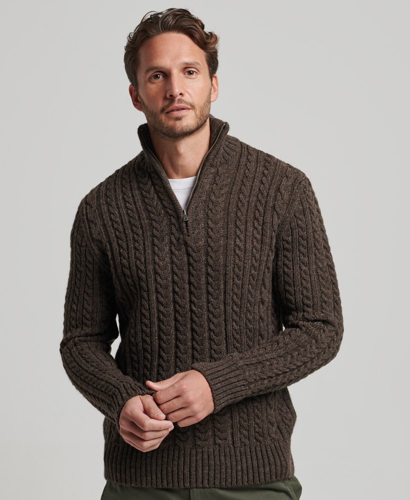 vintage jacob kabelgebreide trui met halve rits in chocoladebruin.