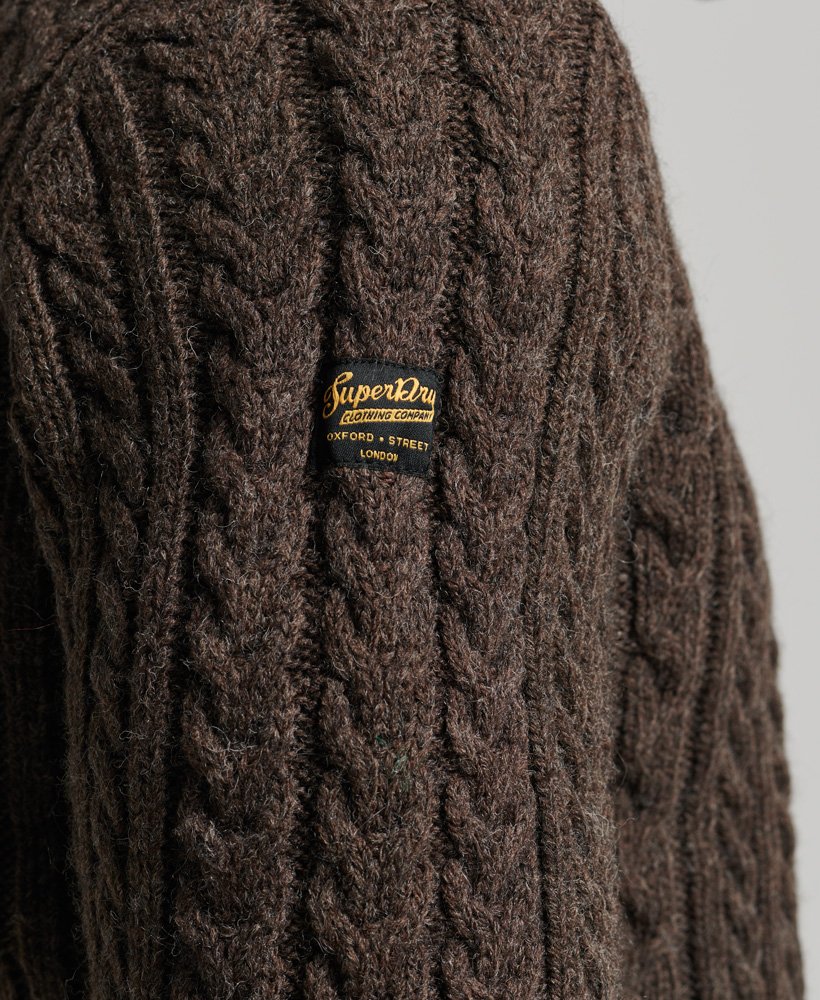 vintage jacob kabelgebreide trui met halve rits in chocoladebruin.