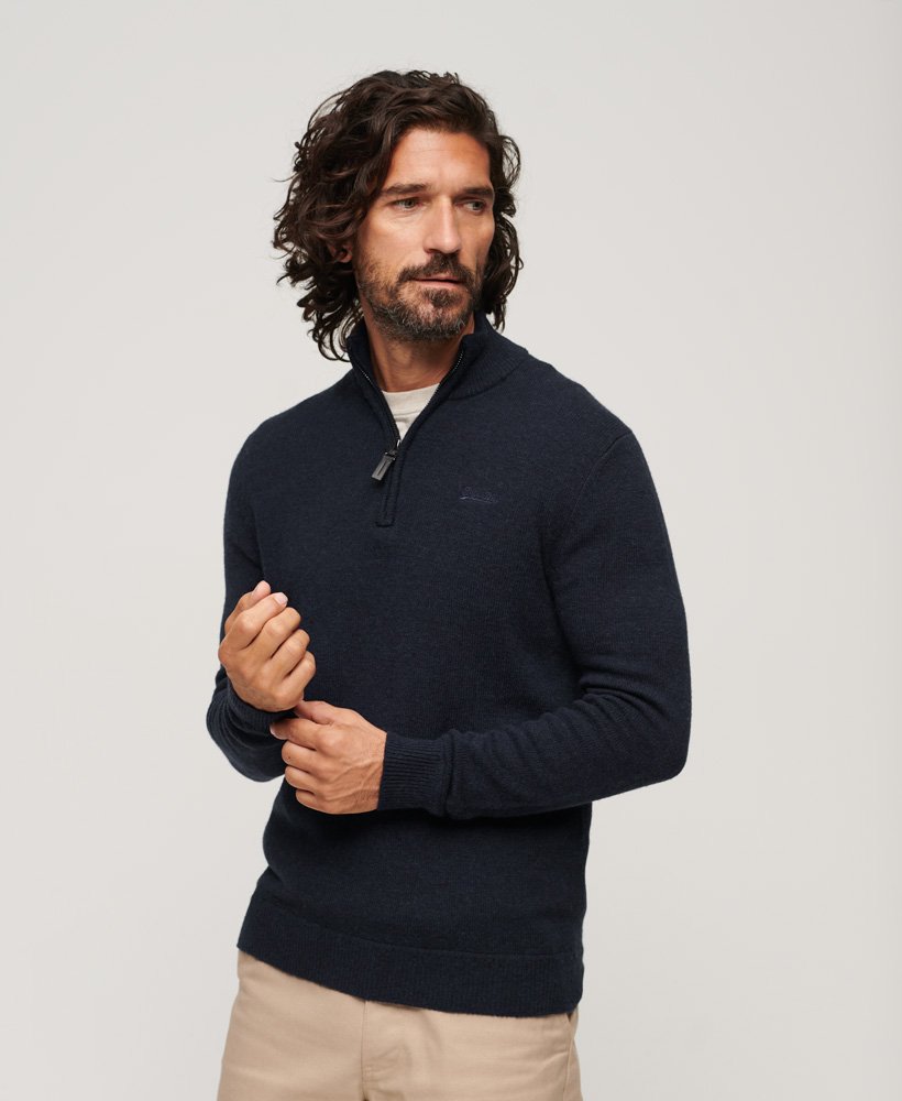 essentiële gebreide trui met borduursel en halve rits in carbon navy marl.
