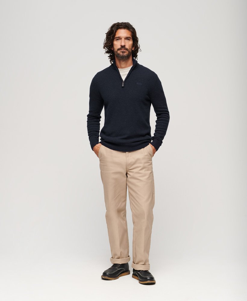 essentiële gebreide trui met borduursel en halve rits in carbon navy marl.