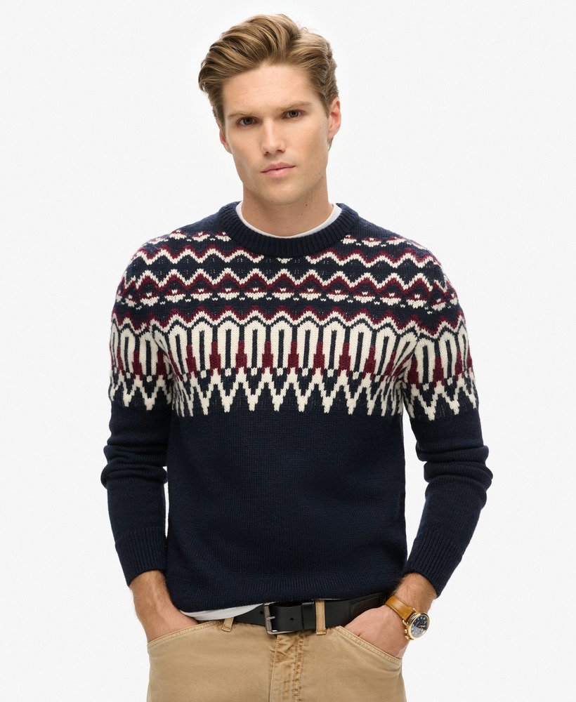 fairisle gebreide trui met ronde hals in marineblauw met meerdere kleuren.