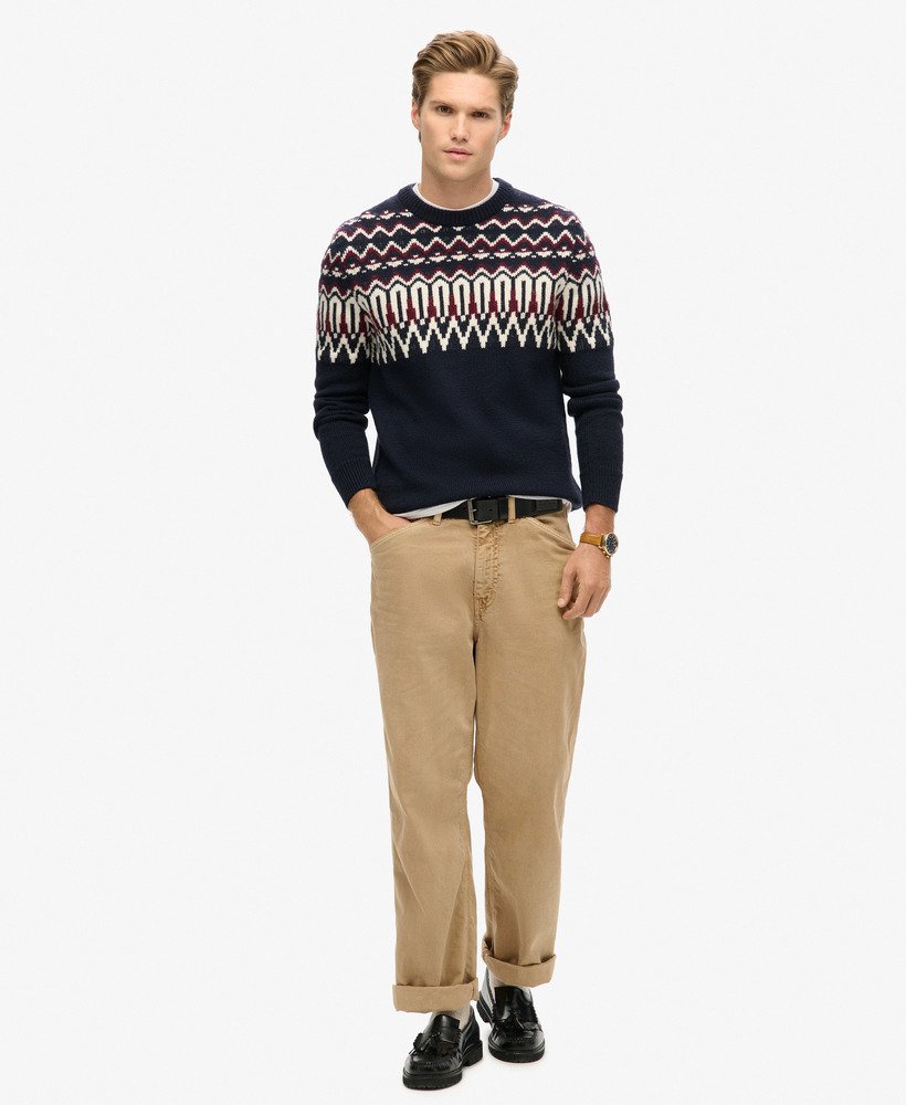 fairisle gebreide trui met ronde hals in marineblauw met meerdere kleuren.
