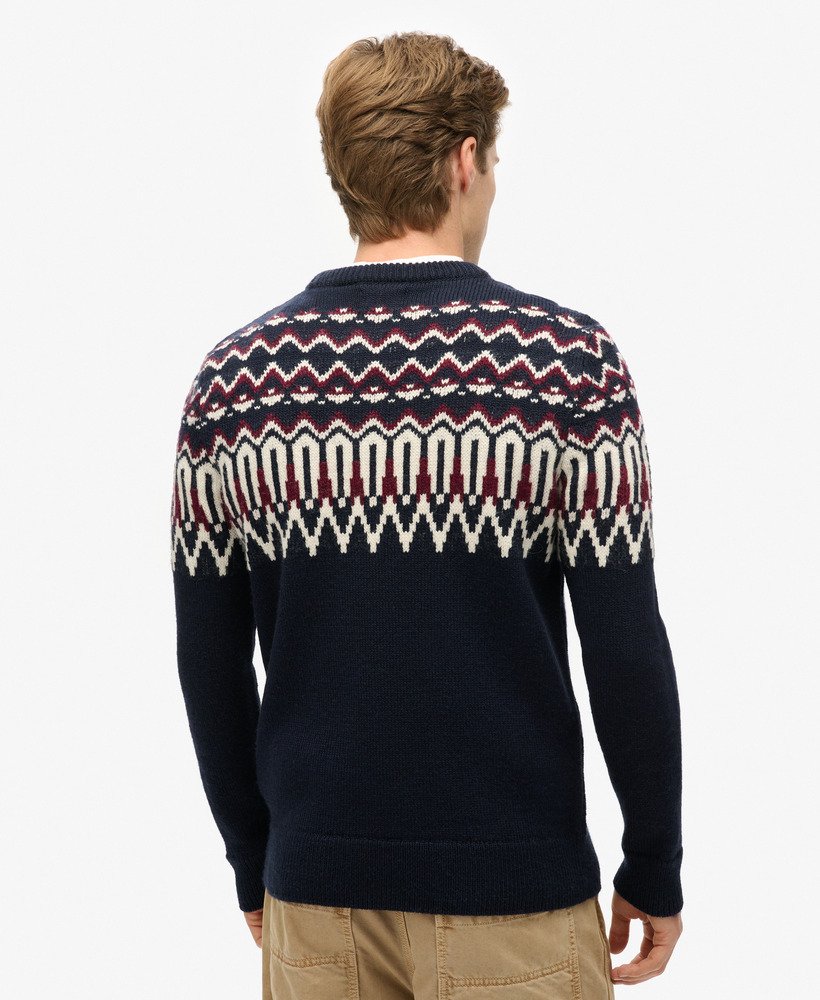 fairisle gebreide trui met ronde hals in marineblauw met meerdere kleuren.