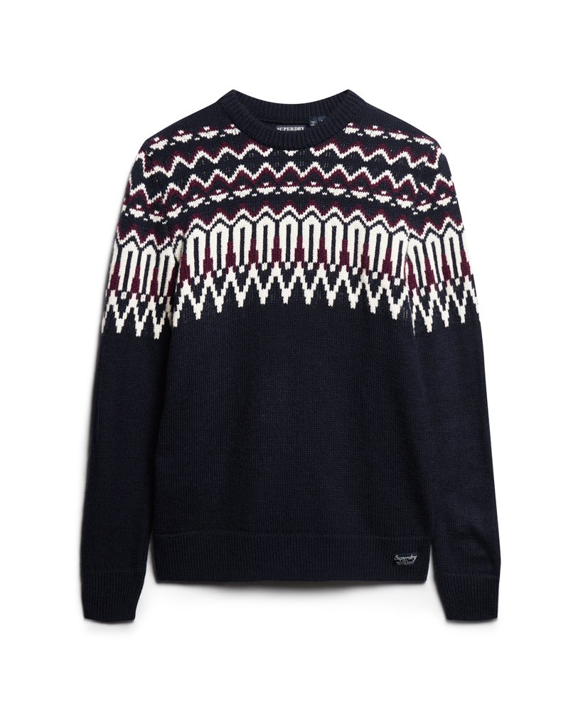 fairisle gebreide trui met ronde hals in marineblauw met meerdere kleuren.