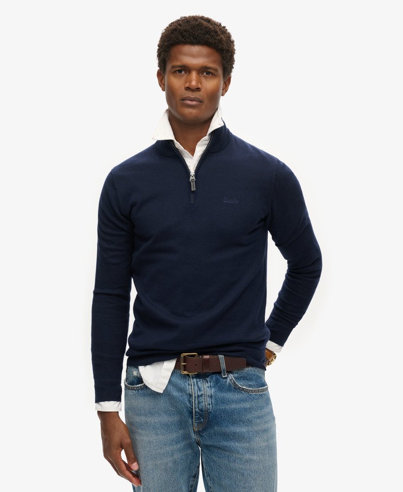 trui van katoen en kasjmier met halve rits in de kleur carbon navy marl.