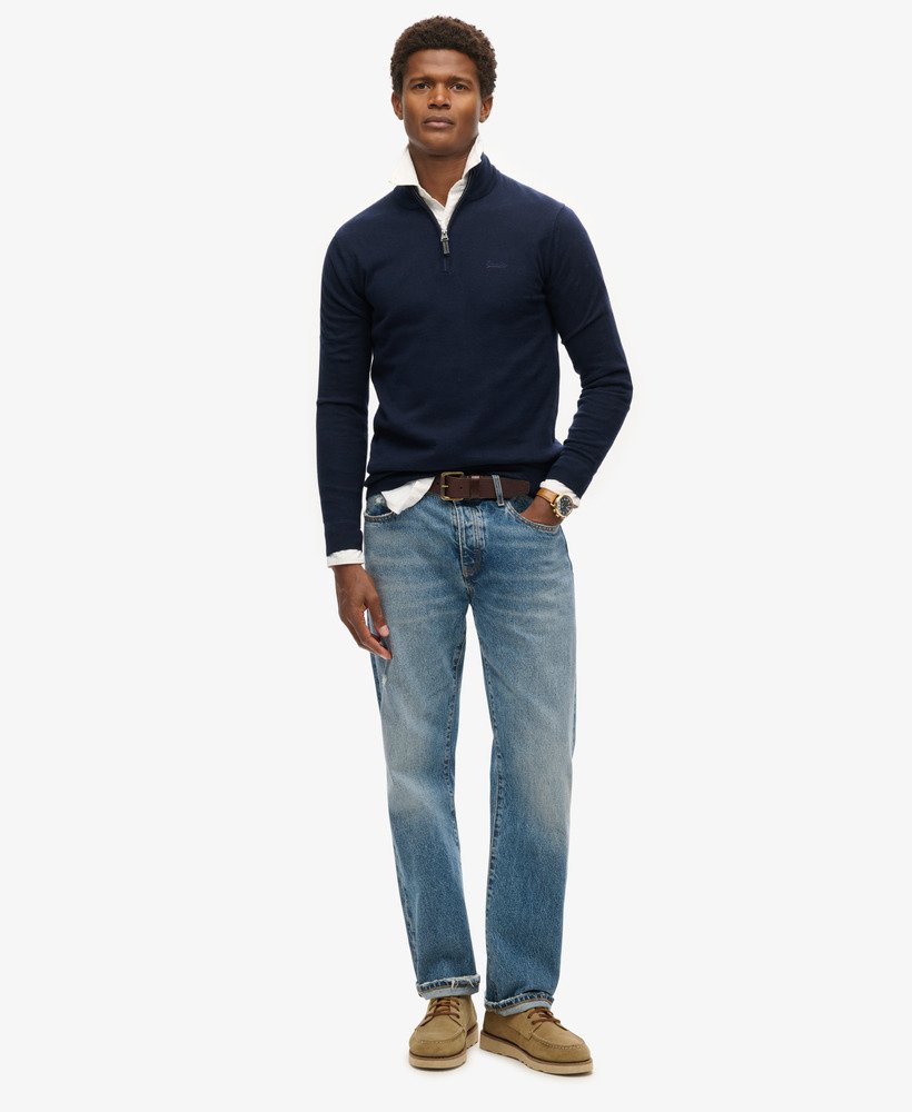 trui van katoen en kasjmier met halve rits in de kleur carbon navy marl.