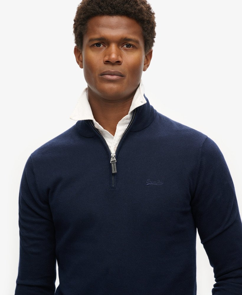trui van katoen en kasjmier met halve rits in de kleur carbon navy marl.