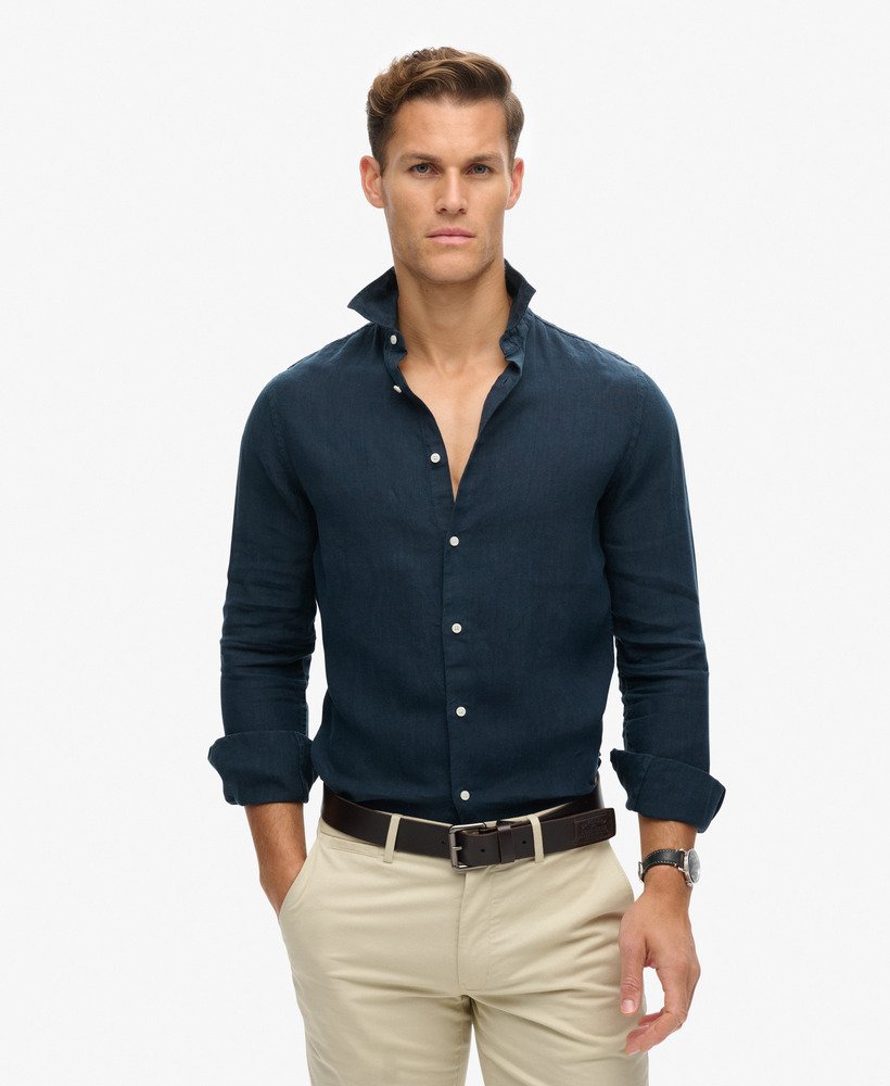 casual linnen overhemd met lange mouwen in marineblauw