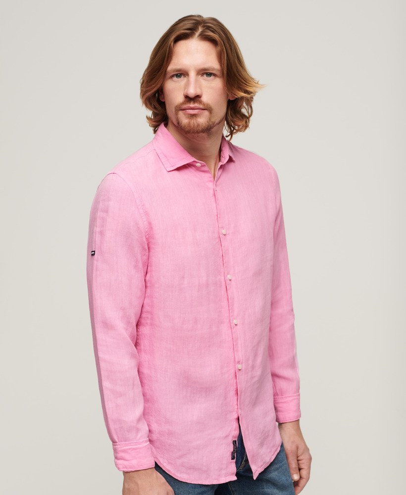 casual linnen shirt met lange mouwen in fuchsia roze