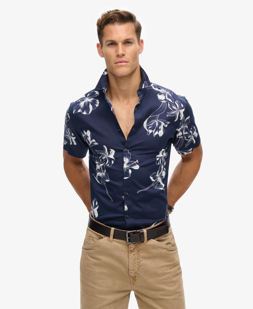 hawaiiaans shirt met korte mouwen in effen hibiscusblauw
