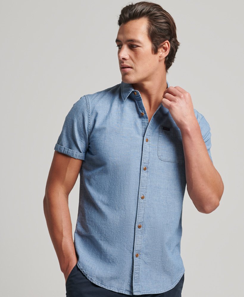vintage loom shirt met korte mouwen in verwassen indigo.