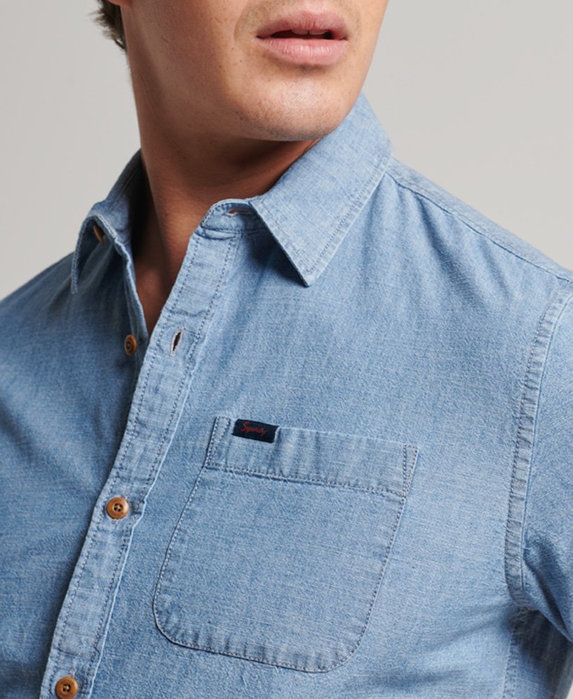 vintage loom shirt met korte mouwen in verwassen indigo.