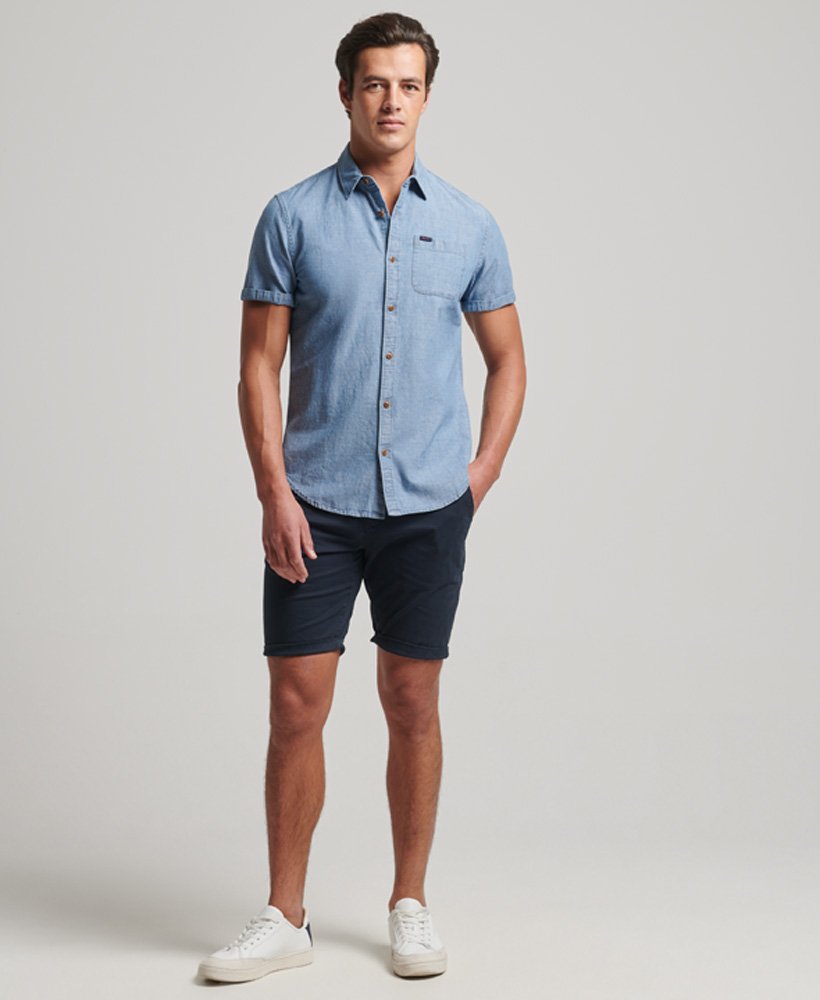 vintage loom shirt met korte mouwen in verwassen indigo.