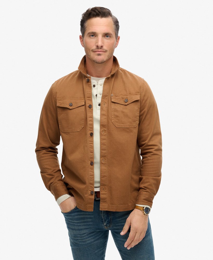 the merchant store - overhemd met visgraatmotief in denim co tabaksbruin