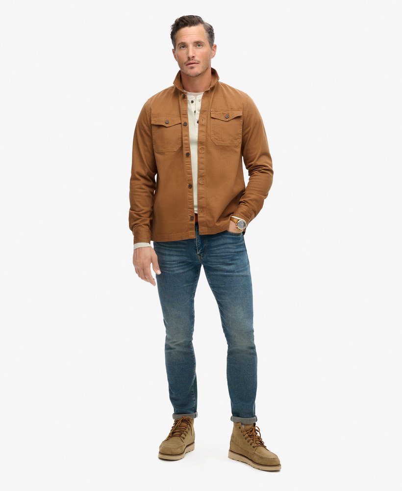 the merchant store - overhemd met visgraatmotief in denim co tabaksbruin