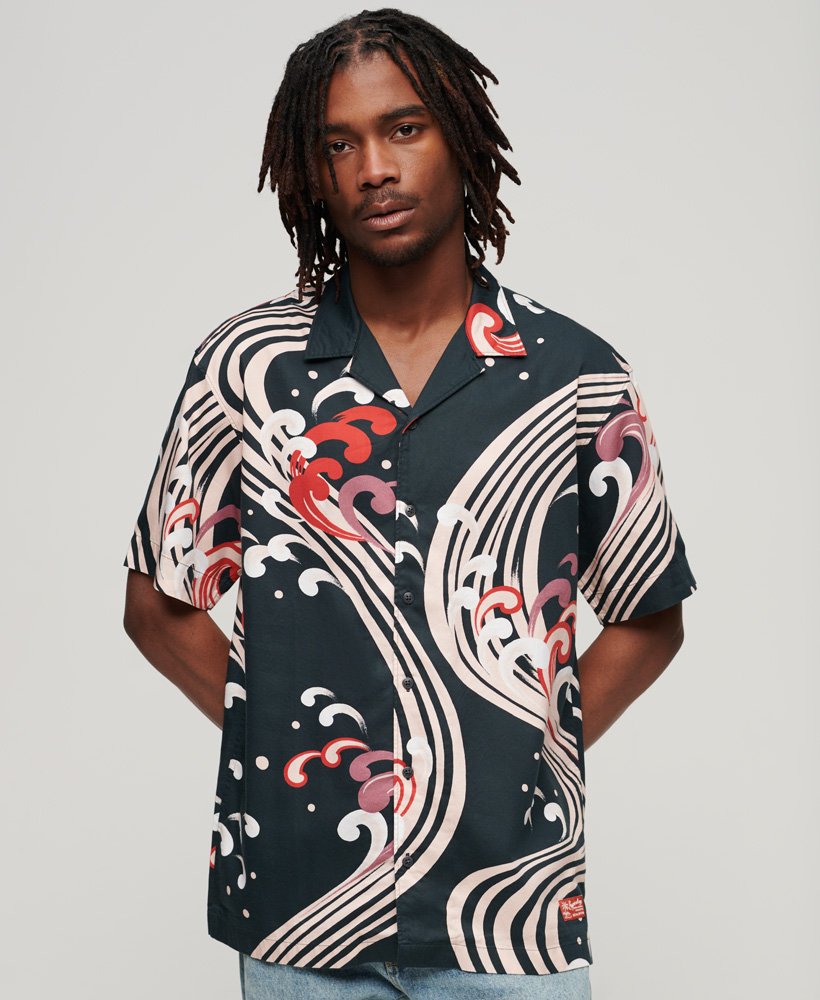 hawaiiaans resortshirt met ryusui zwarte print